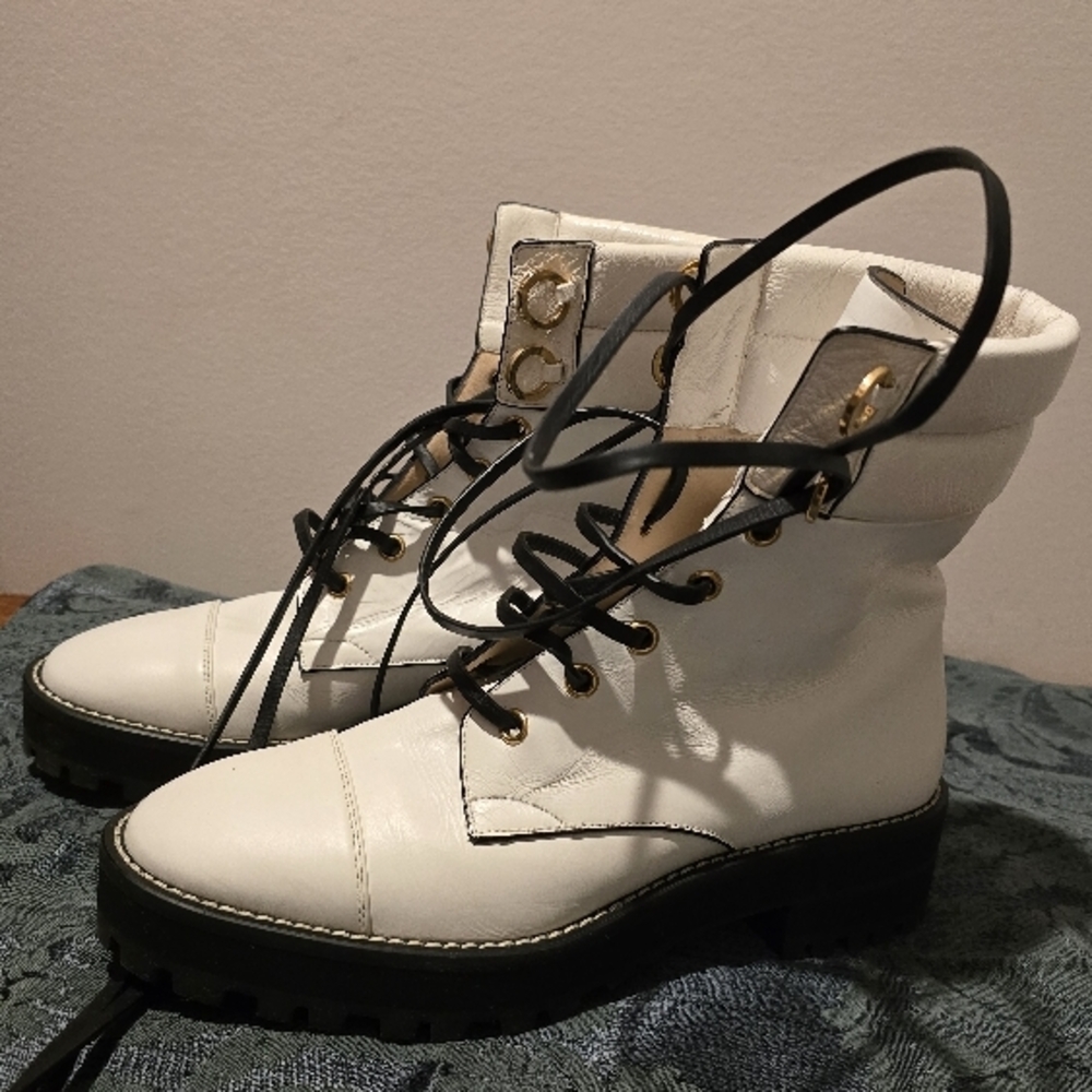 White Combat Boots with Leather Upper - Picture 7 of 15